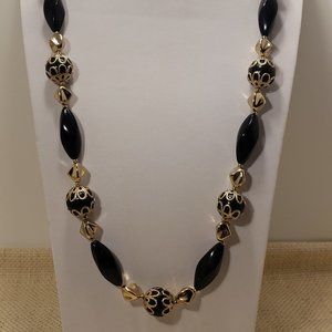 Black , Gold Bead and Filigree End Cap Necklace.